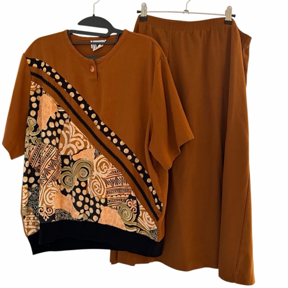 Vintage Cricket Lane Brown Two-Piece Set with Patterned Retro Top • Made in USA